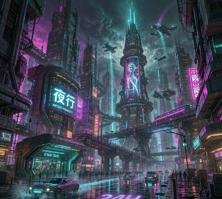 AI 生成作品：未来都市夜景